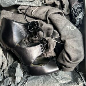 Tom Ford Black Leather Cut Out Peep Toe Ankle Booties
